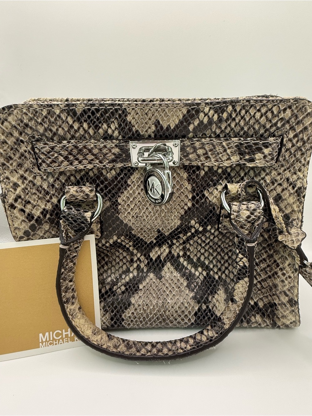 Small Michael Kors Hamilton Python Embossed Satchel, Silver Padlock